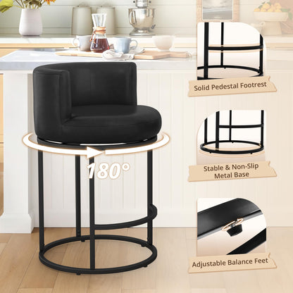 LUE BONA 26.8" Counter Height Bar Stools Set of 3, 180° Swivel Bar Stools, Modern Barrel Counter Stools with Back and Metal Frame, Faux Leather Upholstered Barstools for Kitchen Island, Black