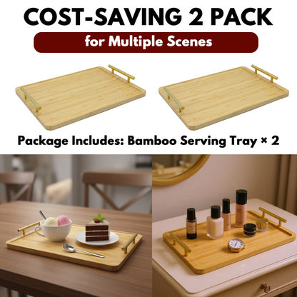 HAUSMODA 2 Pack Bamboo Serving Tray with Metal Handles, 15.8×11.4“ Solid Wooden Tray for Food, Rectangular Decorative Tray for Ottoman, Coffee Table, Living Room, Bathroom, Party
