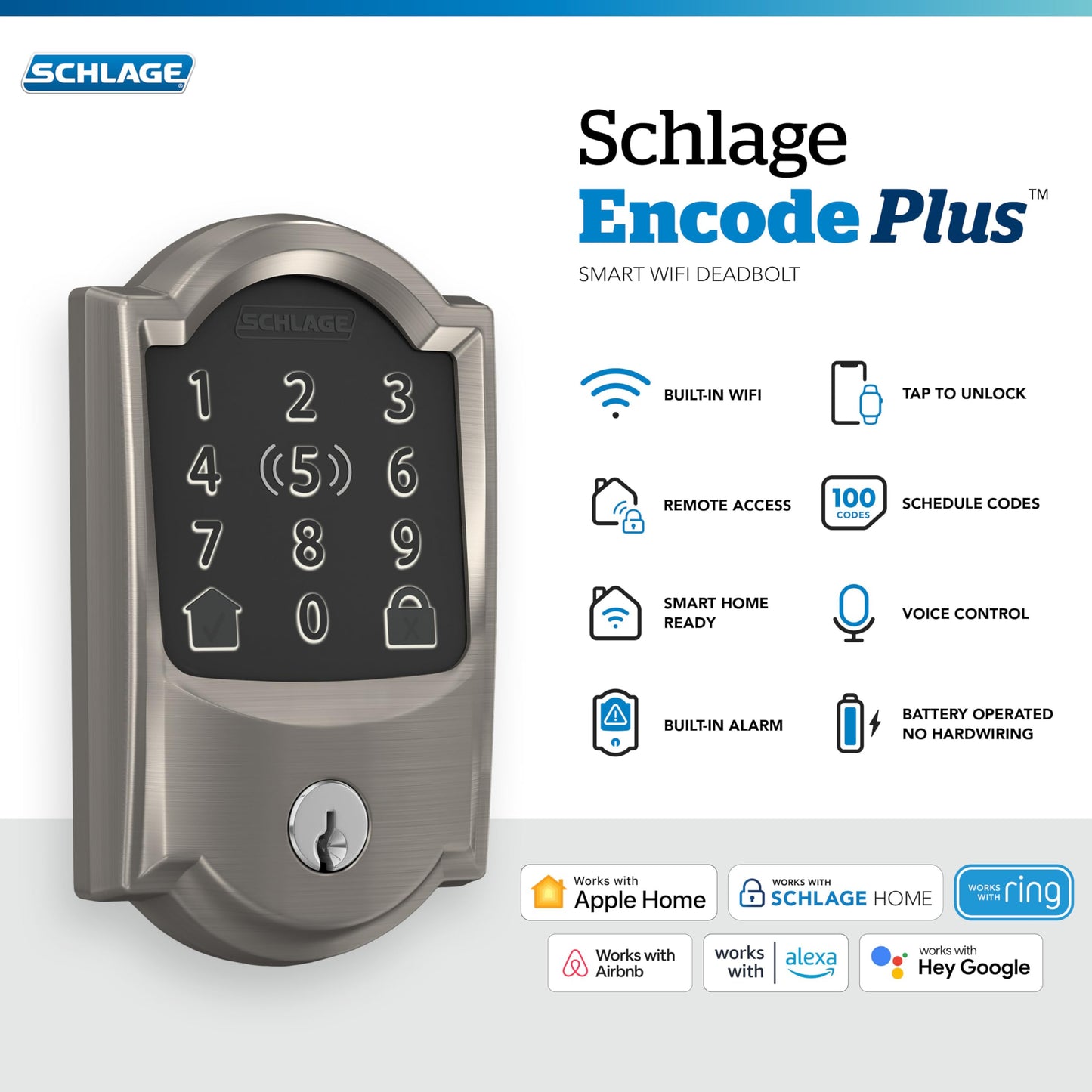 Schlage BE499WB CAM 619 Encode Plus WiFi Deadbolt Smart Lock, Keyless Entry Touchscreen Door Lock with Camelot Trim, Satin Nickel