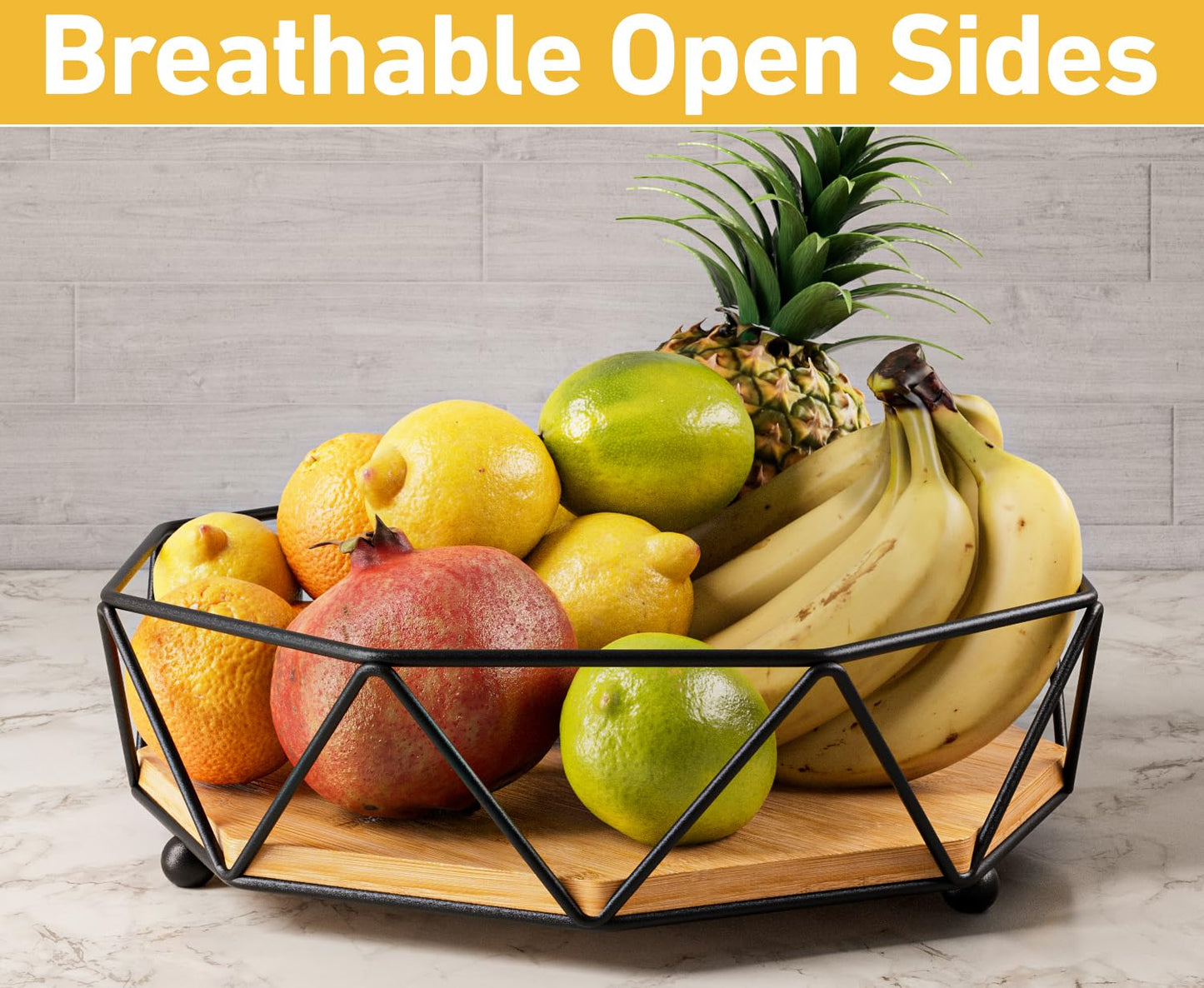 Fruit Bowl for Kitchen Counter - 12"W Metal & Wood Modern Fruit Bowl for Table - Large Produce Basket for Kitchen Counter - Stylish Wood & Black Decorative Bowl - Dining Table Centerpiece Decor Bowl