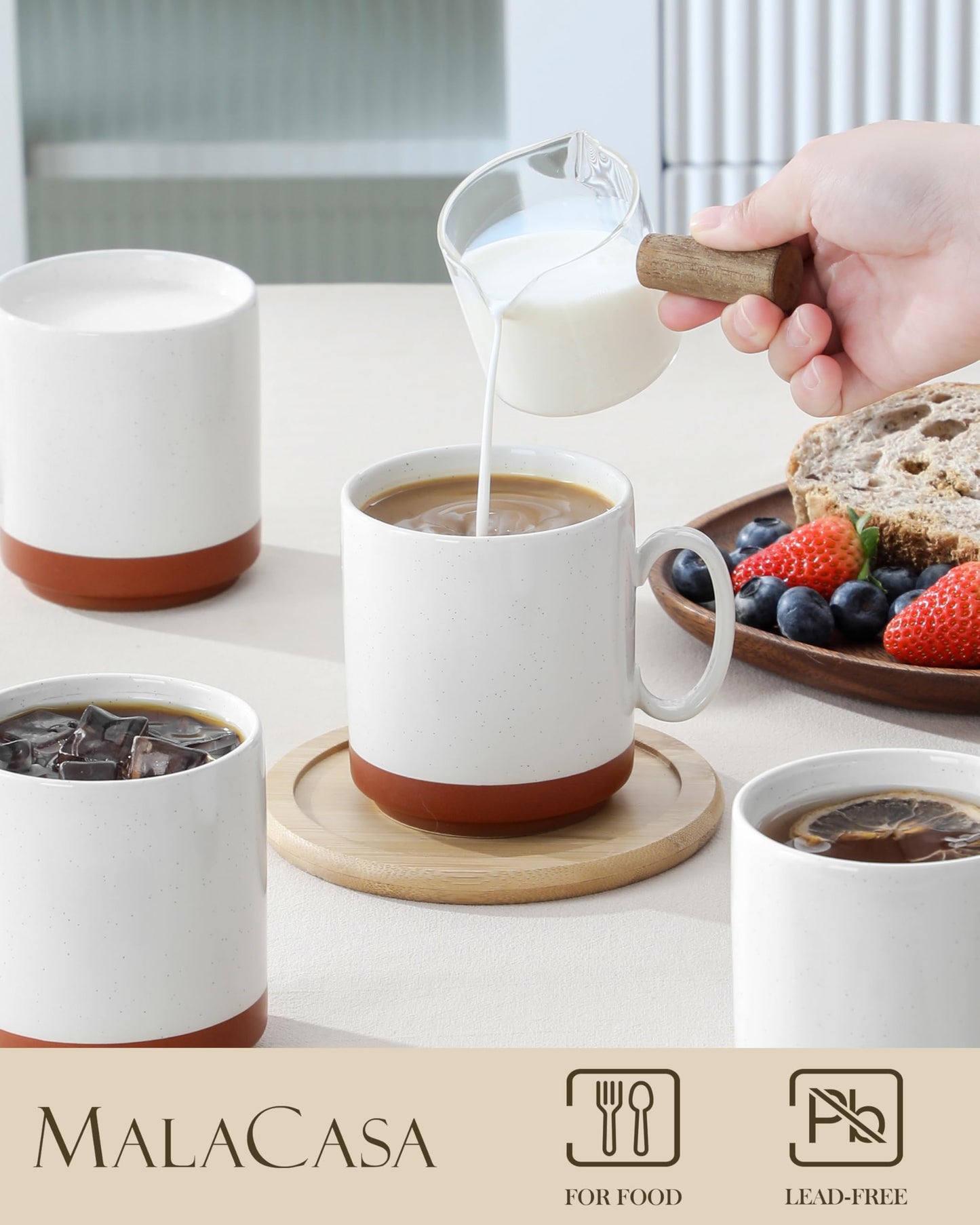 MALACASA 12oz Ceramic Coffee Mugs Set of 4, Stackable Coffee Cups with Straight-Sided Design, Mugs for Coffee, Latte, Tea, Hot Chocolate, Cappuccino and Cocoa, Microwave & Dishwasher Safe, Khaki White