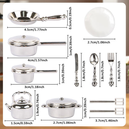 26 Pieces Dollhouse Miniatures Kitchen Set Metal Miniature Baking Set Include Mini Pots Mini Pans Plates Knife Fork Spoon for Dollhouse Party Decoration Supplies