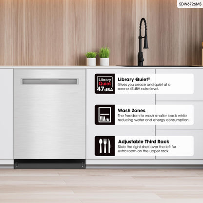 Sharp SDW6726MS 24-inch Stainless Steel Dishwasher, 47 dB Library Quiet, Third Rack, Power Wash Sprayer, 12 Place Settings,