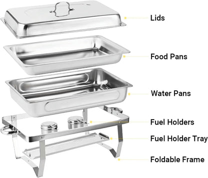 FENOKD Chafing Dish Buffet Set 2 Pack Stainless Steel Chafer for Catering, Full Size Rectangular Catering Chafer Warmer Set with Trays Pan Lid Folding Frame Stand.