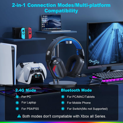 Fachixy Wireless Gaming Headset with Microphone for PC, PS5, PS4, Bluetooth Gaming Headphones - Fast Charge 50Hr Battery, Cool LED Lights for Switch, Laptop, Mobile, Mac 2.4GHz Gamer Headset