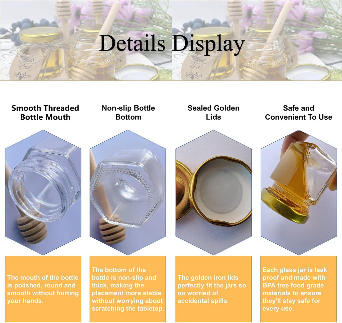20 Pack 1.5 oz IIKUM Glass Honey Jars, Hexagon Honey Pots with Lids, Wooden Dippers, Bee Pendants, Gift Bags, Thank You