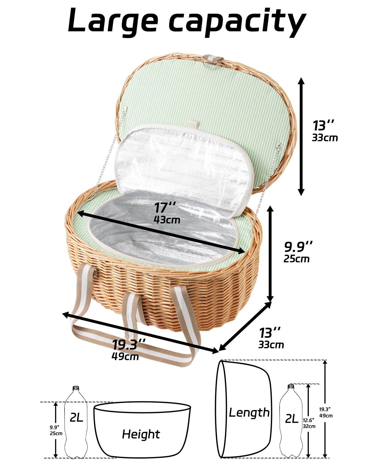 WeaveNove Picnic Basket Insulated with Lid, Extra Large Wicker Picnic Basket with Waterproof Insulated, Handwoven Portable Vintage Picnic Hamper 8.4 Gal(31.7L), Camping Outdoor Gifts Date, Natural