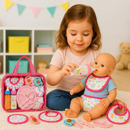 My Sweet Baby 13-Piece Doll Feeding & Diaper Bag Set – Disappearing Milk Bottles, Bibs, Pacifiers, Diapers & Accessories Set – Pretend Play Baby Doll Care Kit for Girls – Fits 12–18″ Dolls