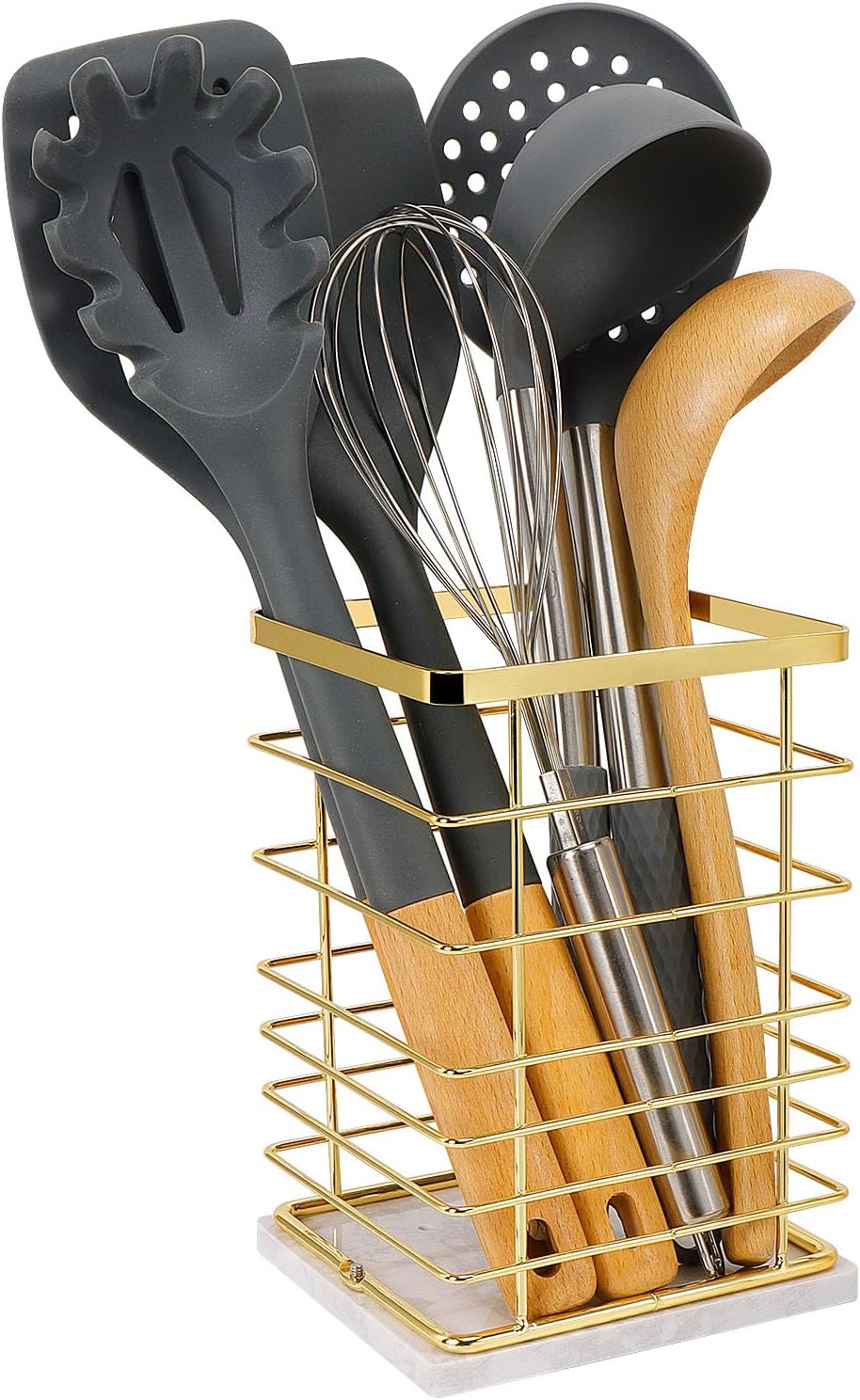 Square Kitchen Utensil Holder - Sturdy Metal Rack for Countertop Storage, Stylish Utensil Caddy with Drainage Hole