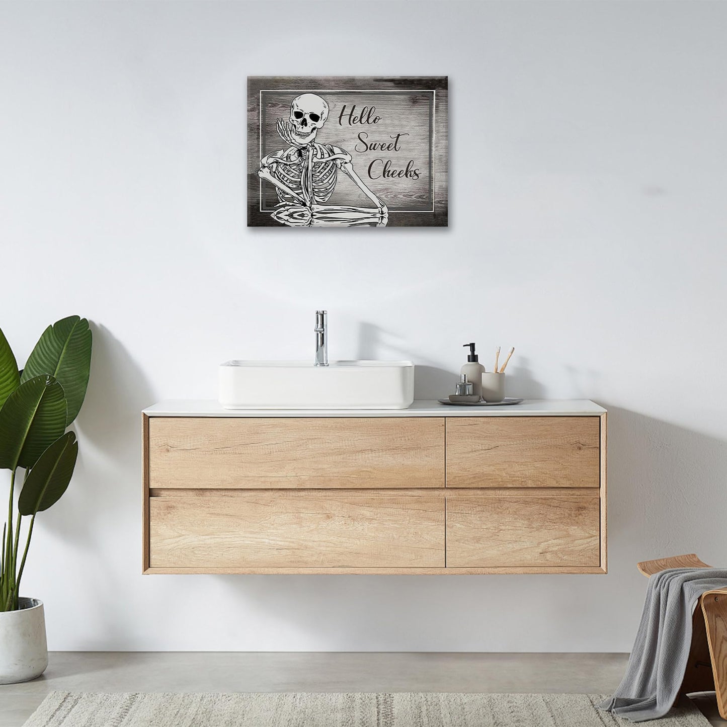 Bathroom Decor Wall Art Halloween Skeleton Canvas Prints Painting Gothic Skull Bathroom Pictures Framed Funny Weird Artwork for Toilet Restroom Washroom 16"x12"