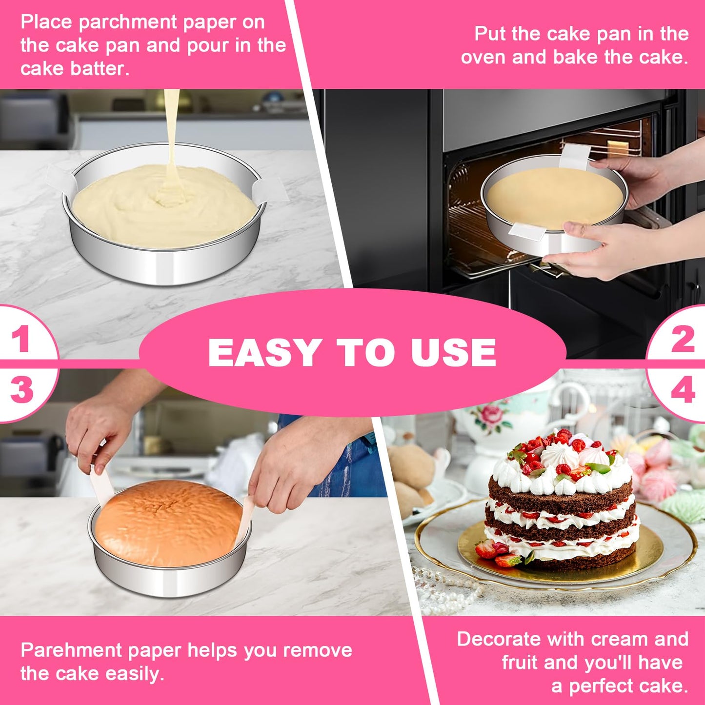 EWFEN 8 Inch Cake Pan Set of 2, Stainless Steel Round Layer Cake Baking Pans Tins, Non-Toxic & Healthy, Leak-proof & Easy Clean & Dishwasher Safe