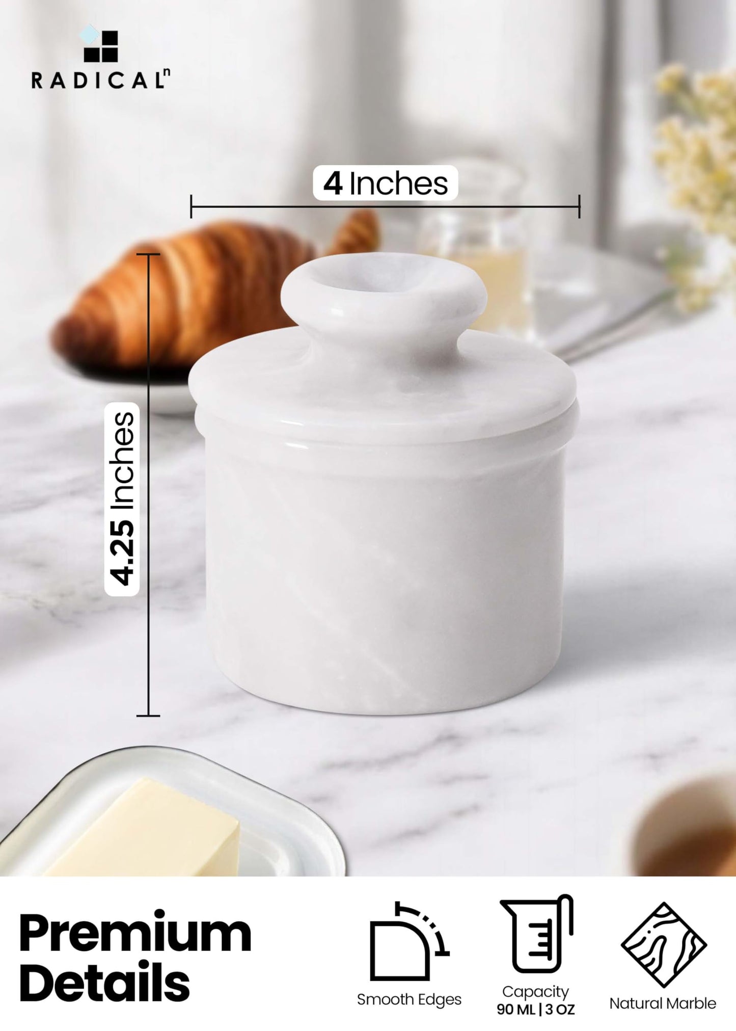 Radicaln Marble Butter Keeper 4.25'' Inches White Handmade French Butter Holder For Kitchen Counter Decor Ideal Butter Crock For Counter With Water & Butter Crock For Kitchen