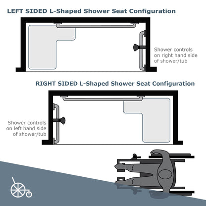 Seachrome Lift-Assist Shower Seat, L-Shaped Right-Hand, ADA, Wall Mount, Padded White Naugahyde