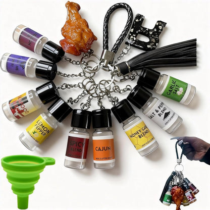 Mini Seasoning Keychain Set with 9 Portable Spice Bottles - Leak Proof Realistic Travel Containers for BBQ, Camping, Picnic, Cooking Outdoors