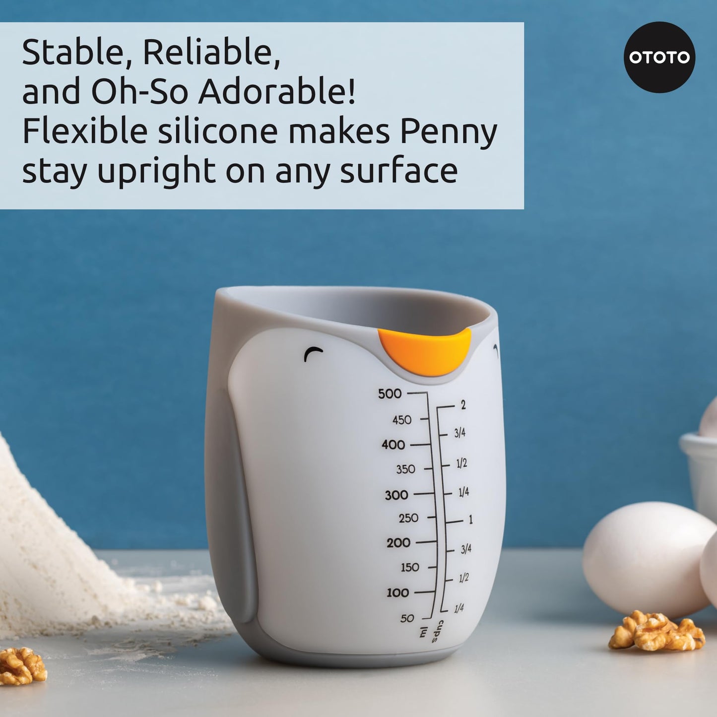 OTOTO Penny Penguin Silicone Measuring Cups for Cooking - 500ml Cute Measuring Cups for Baking, BPA-Free, Microwave Safe, Penguin Gifts, Cute Kitchen Accessories, Funny White Elephant Gifts