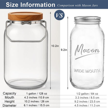 YoenKtss 2 Pack Glass Flour Sugar Storage Containers with Handle, 1 Gallon Glass Jars with Airtight Lid, Wide Mouth Large Mason Jars 128oz for Rice, Pasta, Oats, Coffee Storage