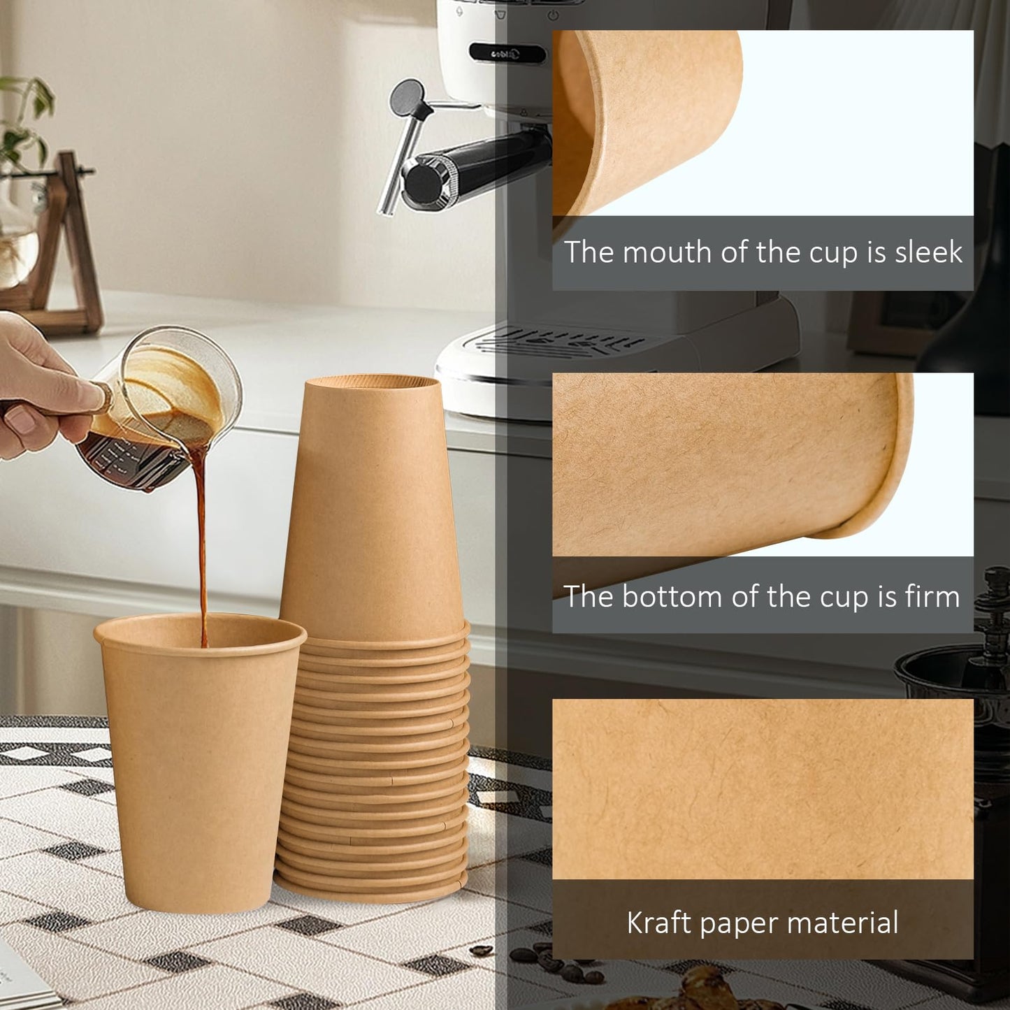 Clawsoff 180 Pack 12 OZ Paper Cups, Brown Kraft Disposable Paper Coffee Cups 12 oz, Unbleached Paper Cups for Hot/Cold Beverage Party, Picnic, Travel, and Events.
