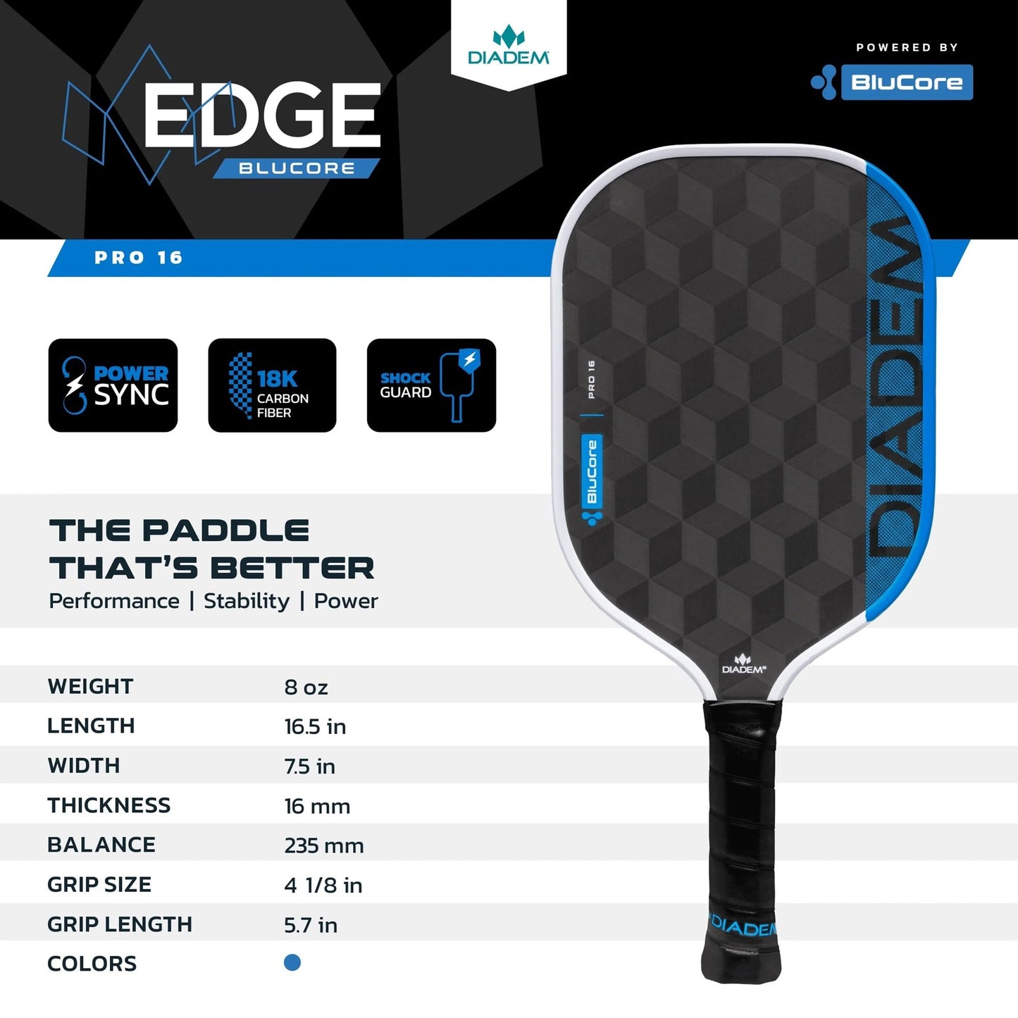 Diadem Edge BluCore Pro Pickleball Paddle | Ultimate Power, Reach, Spin, and Heavy Drives, Extended Reach, 18K Carbon Fiber, PowerSync Foam Core | USAPA Approved (Pro 16mm)