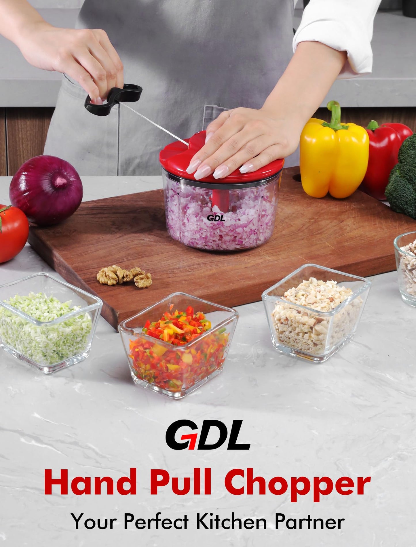 GDL Food Chopper, Pull Onion Chopper Dicer, Hand Powered Food Mincer, Fast Cutting Hand Chopper for Oinon, Garlic, Nut, 3.4 Cups 0.8L, Red