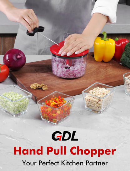 GDL Food Chopper, Pull Onion Chopper Dicer, Hand Powered Food Mincer, Fast Cutting Hand Chopper for Oinon, Garlic, Nut, 3.4 Cups 0.8L, Red