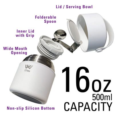 iUwe 16oz Food Thermos for Hot Food Kids Lunch Container with Spoon. 316L Stainless Steel Small Thermal School Lunchbox Leak Proof Travel Soup Thermos Insulated Food Jar for Adult Camping. (White)