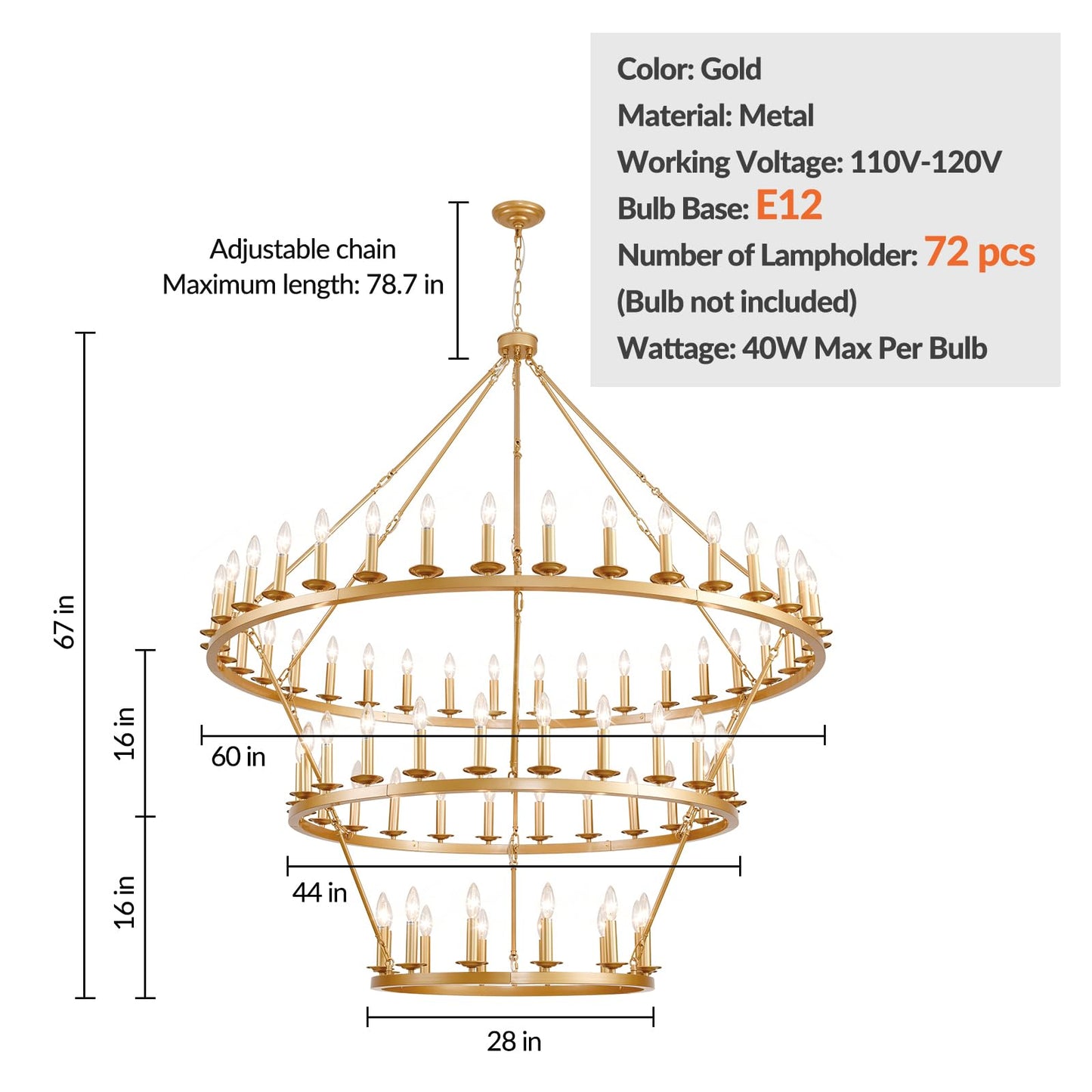 QJMPP 3 Tier Gold Wagon Wheel Chandelier,Extra Large 60-Inch 72-Light Circle Light Fixture,Round Chandeliers for Foyer Entryway Dining Room Living Room High Ceilings