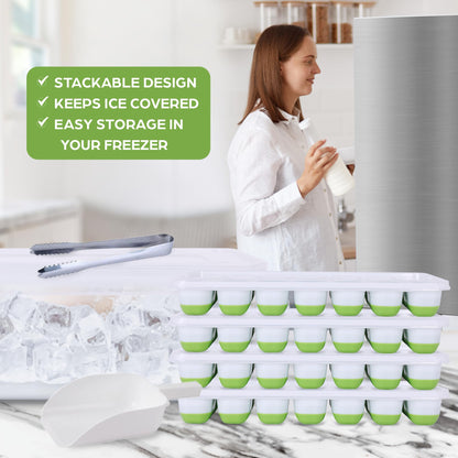 AISLE 3 ESSENTIALS Ice Cube Tray Set – 4 Silicone Trays with Lids, Ice Bucket, Scooper & Tongs – Reusable BPA-Free Ice Maker for Freezer, Cocktails, Whiskey, Coffee, Baby Food & Kitchen Storage