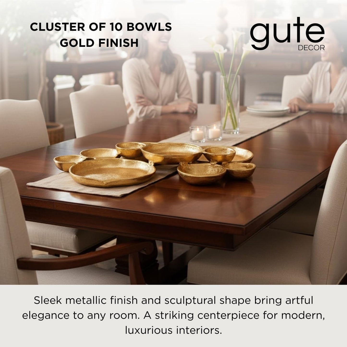Cluster of 10 Round Serving Bowls Gold Clusters Decorative Elegant Snack Tray for Olives, Chip & Dip, Nuts, Appetizers & Entertaining Strong Brass & Enamel Home Decor Gifts, Parties & Weddings 20.5"