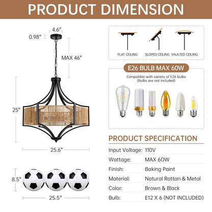 25.6" Rattan Farmhouse Chandelier Teardrop Light Fixtures, 6-Light Rustic Rattan Pendant Lighting with Straight Woven Shade Boho Black Hanging Light for Dining Room Living Room Kitchen Island Bedroom