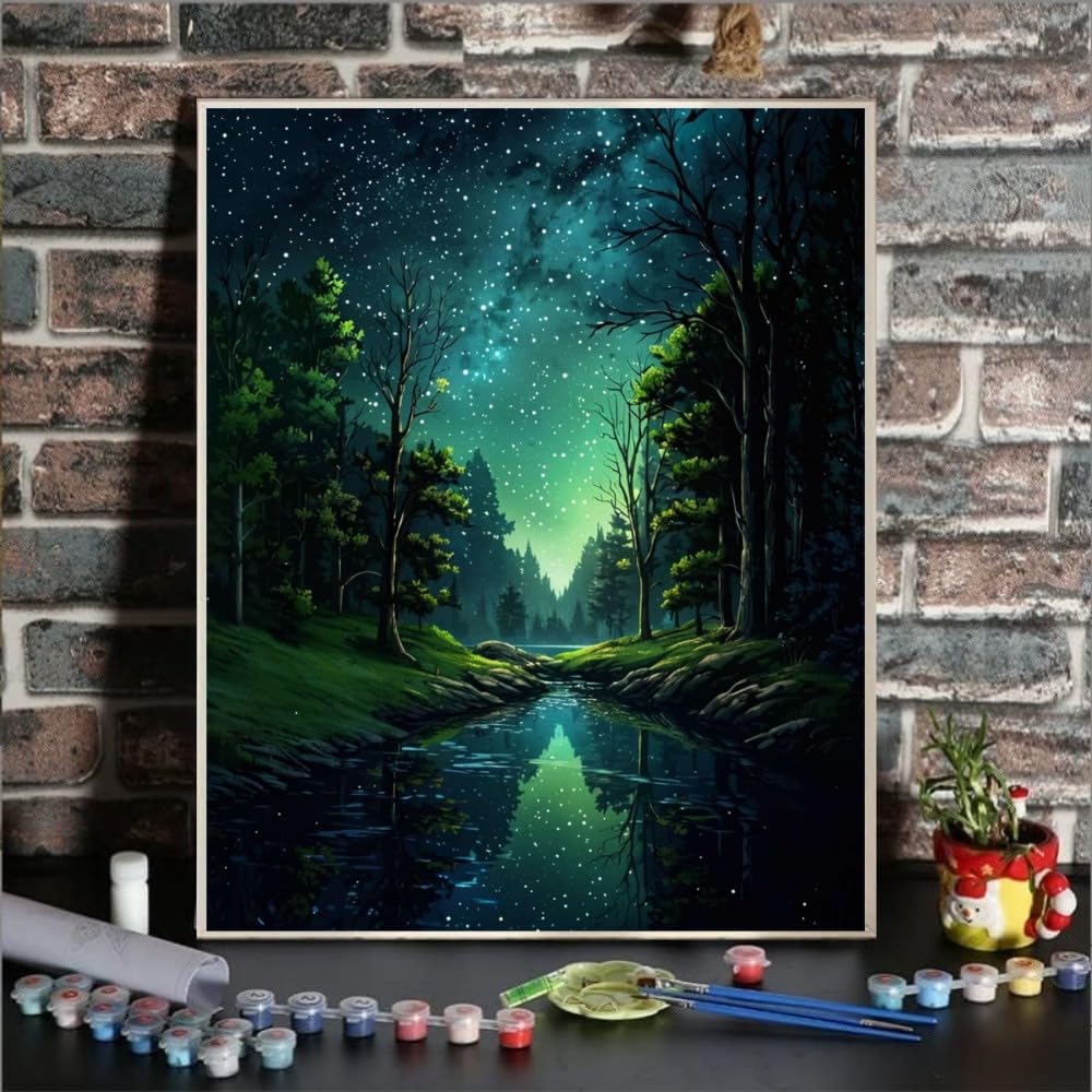 ldazao Starry Night Paint By Numbers Kit for Adults Beginner Forest Adult Paint By Number Kits Canvas Adults' Paint-By-Number Kits DIY Oil Painting for Gift Home Wall Decor 16x20 Inch