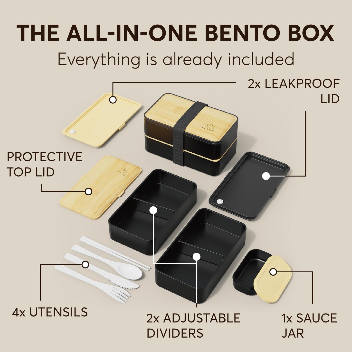 Umami Bento Box Adult All-In-1 w/4 Utensils, Big Sauce Jar, 2 Dividers, 100% Leakproof, Microwave & Dishwasher Safe Stackable Bento Lunch Box Containers for Men/Women, Black & Bamboo, 40 oz