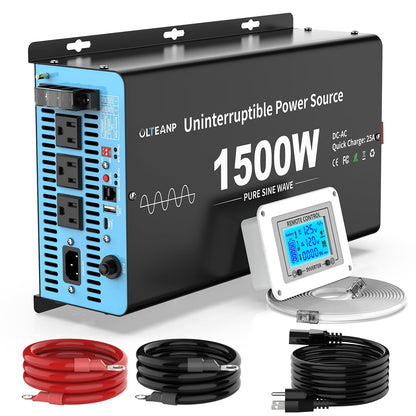 1500W Sump Pump Battery Backup System, Pure Sine Wave Inverter Charger with 25A Fast Charging, Auto Transfer Switch for Basement Flood Protection During Outages, LCD Remote, 12V Deep Cycle Compatible