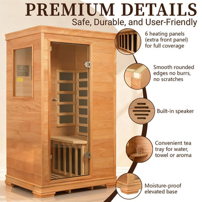 1 Person Infrared Dry Sauna for Home, Low EMF Indoor Sauna, Premium Wood Build with 960W Carbon Panels - Home Sauna for Daily Relaxation & Wellness, 35 * 27 * 61 Inch,Ventilation & Storage Tray
