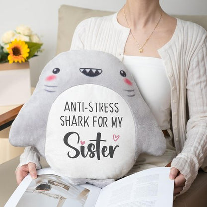 IDELTIME Sister Birthday Gifts - Throw Pillow, Easter Birthday Gifts for Sister in Law Adult Sis Bestie Friends Women, Funny Sisters Gift from Brother Sis Sibling, Shark Plush Stuffed Animal 15’’