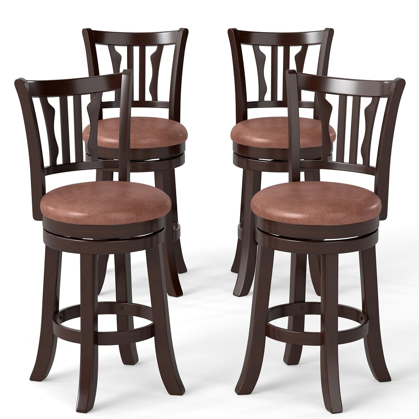 COSTWAY 26" Counter Height Stools Set of 4, Swivel High-Top Chairs with Backrest & Faux Leather Padded Seat, Rubber Wood Counter Barstools with Footrest for Kitchen, Dining Room, Pub (4,26'')