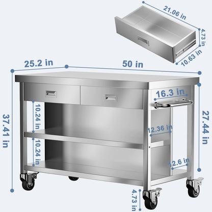 KINGBO 50" Stainless Steel Kitchen Island with Storage, Rolling Kitchen Island Table with 2 Drawers on Wheels, Portable Island Cart for Kitchen, Outdoor, Restaurant, Cafe