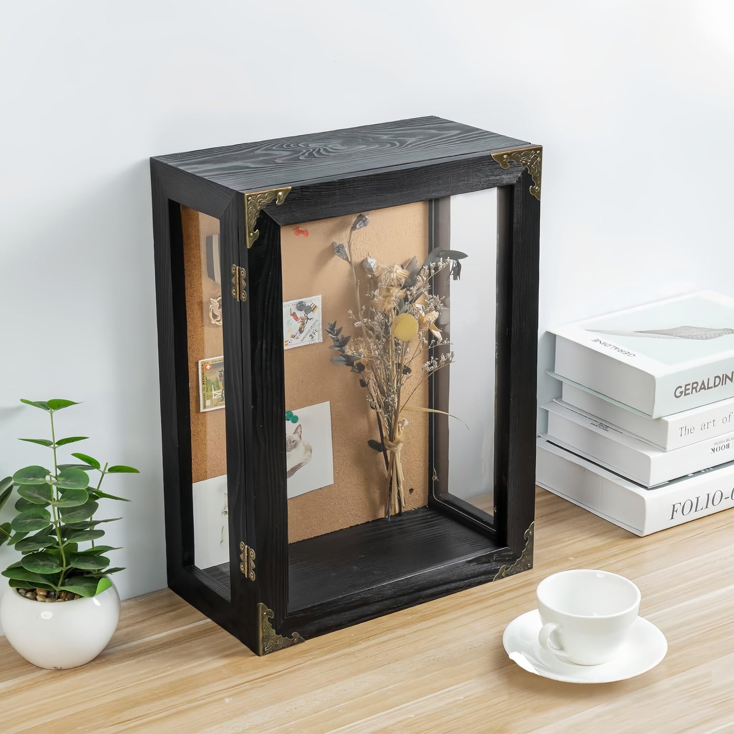 OIHYA Deep Shadow Box Frame, 11x15x5 Inch Black Solid Wood Wall Mounted Shadow Boxes Display Cases with Vintage Metal Door Lock, Clear Acrylic Panel for Flowers, Picture, Keepsake Display
