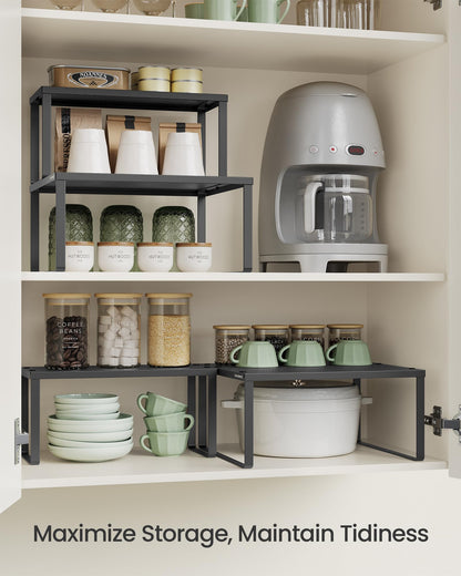 SONGMICS Spice Racks, Set of 2 Metal Cabinet Shelf Organizers, Countertop Organizers, Shelf Risers, Stackable, Expandable, Silver UKCS01SV