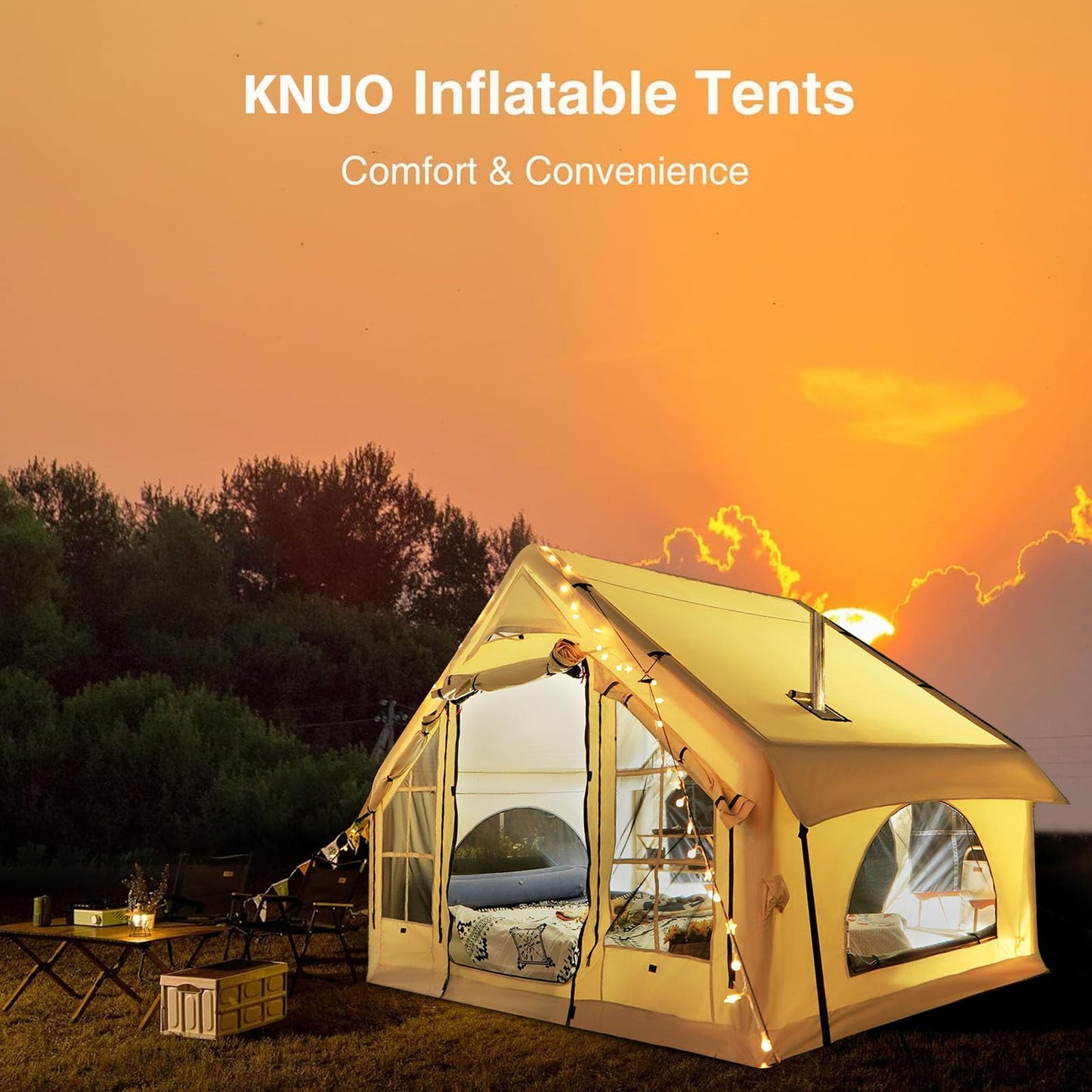 KNUO 2026 Upgraded Waterproof Inflatable Camping Tent for 2~4 People, Large Blow-Up Air Tent, No Assembly Needed Luxury Glamping House, 10x7.2ft Oxford Fabric, Beige