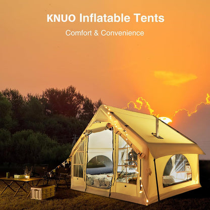 KNUO 2026 Upgraded Waterproof Inflatable Camping Tent for 2~4 People, Large Blow-Up Air Tent, No Assembly Needed Luxury Glamping House, 10x7.2ft Oxford Fabric, Beige