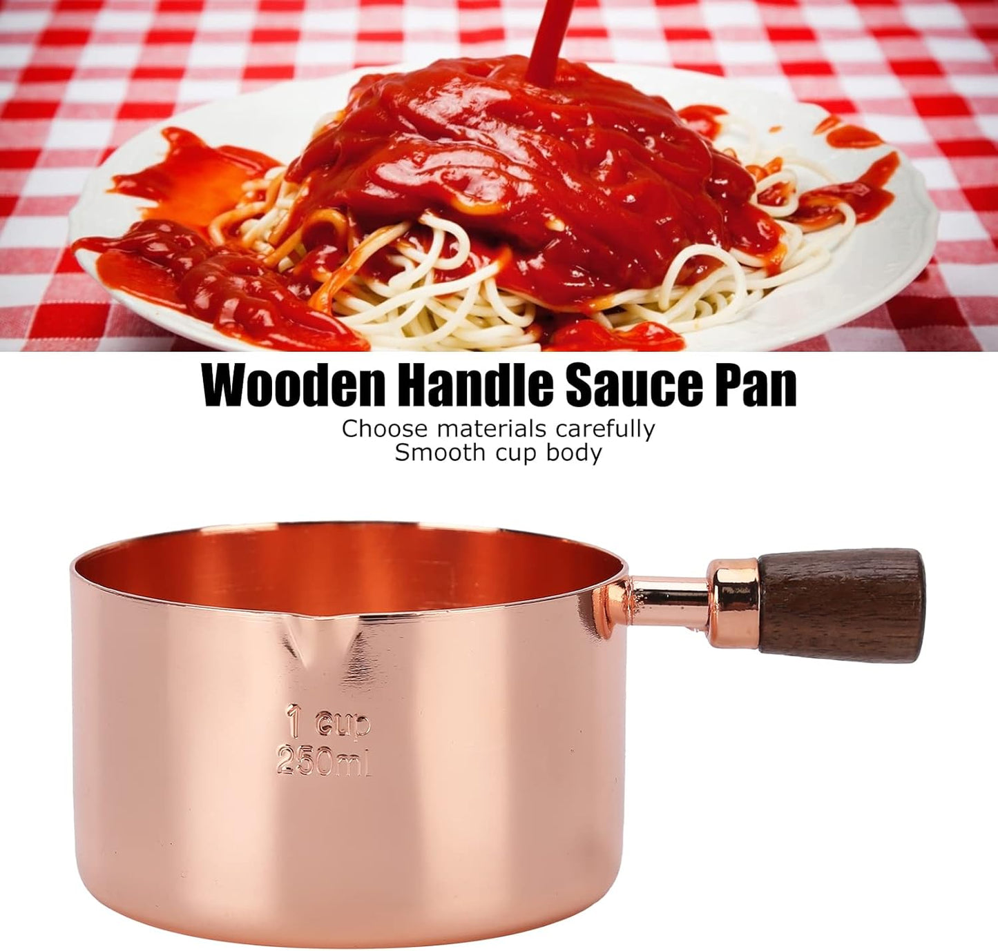 Sauce Pan with Wooden Handle, Rose Gold Stainless Steel Cooking Pot, 1.3 Cup Capacity