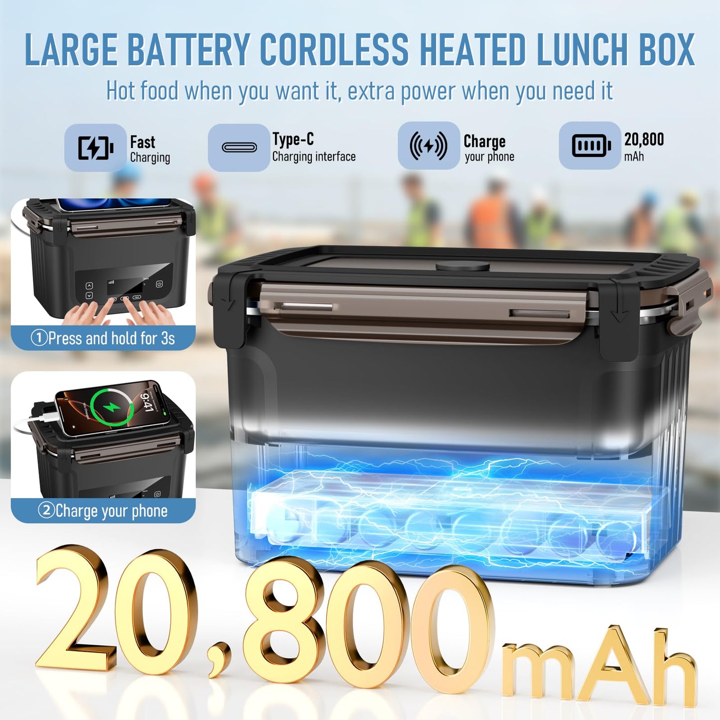 GALOKEO 2026 Upgraded Cordless Electric Lunch Box for Adults, 20,800mAh Rechargeable Heated Lunch Box with Even Heating, XL 6.3 Cup Self-Heating Lunch Box for Construction, Office & Travel