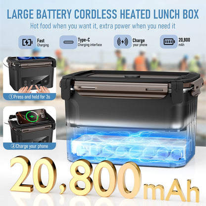 GALOKEO 2026 Upgraded Cordless Electric Lunch Box for Adults, 20,800mAh Rechargeable Heated Lunch Box with Even Heating, XL 6.3 Cup Self-Heating Lunch Box for Construction, Office & Travel