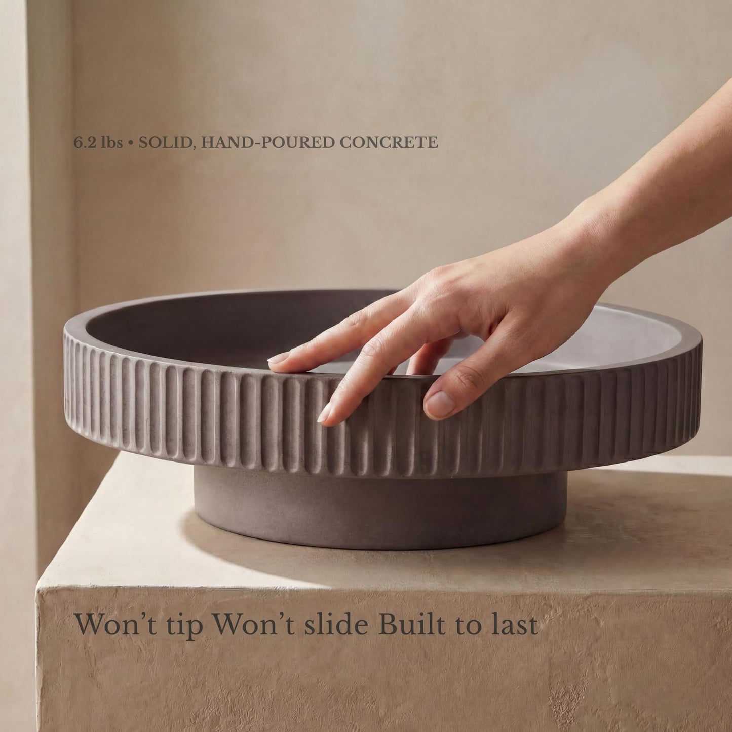 JUPTR Concrete Fruit Bowl (12") – Shallow Fluted Pedestal Decorative Centerpiece Bowl for Table, Entryway Catch-All & Modern Home Decor – Heavyweight Stone Bowl (Charcoal)