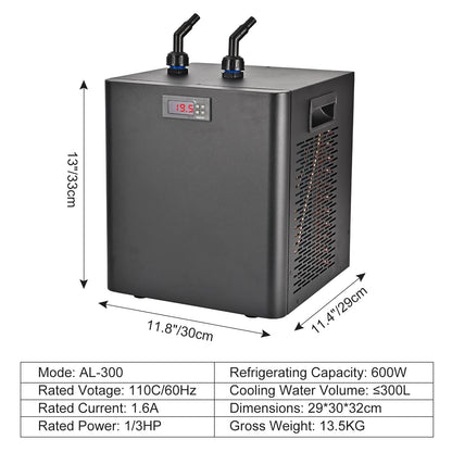 Aquarium Chiller 79 Gal, 1/3 HP Fish Tank Water Chiller 300L Hydroponics Cooler with Quiet Design Refrigeration Compressor and 3M Pipe for Saltwater Freshwater Fish Coral Shrimp Jellyfish Water Weeds