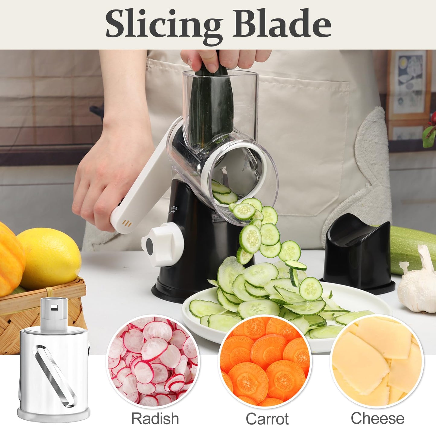 Cambom 5 in 1 Rotary Cheese Grater Hand Crank Cheese Shredder for Fresh Cheese, Vegetable, Nuts,Non-slip Suction Base, Black