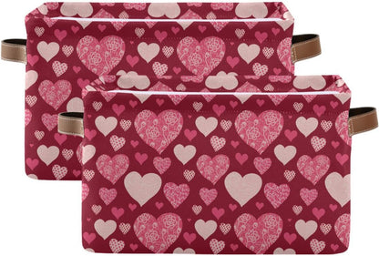 Happy Valentine's Day Storage Basket, Fabric Kitchen Bins in Pink Purple Love Heart, Foldable Organizer Bag, 16×12×8