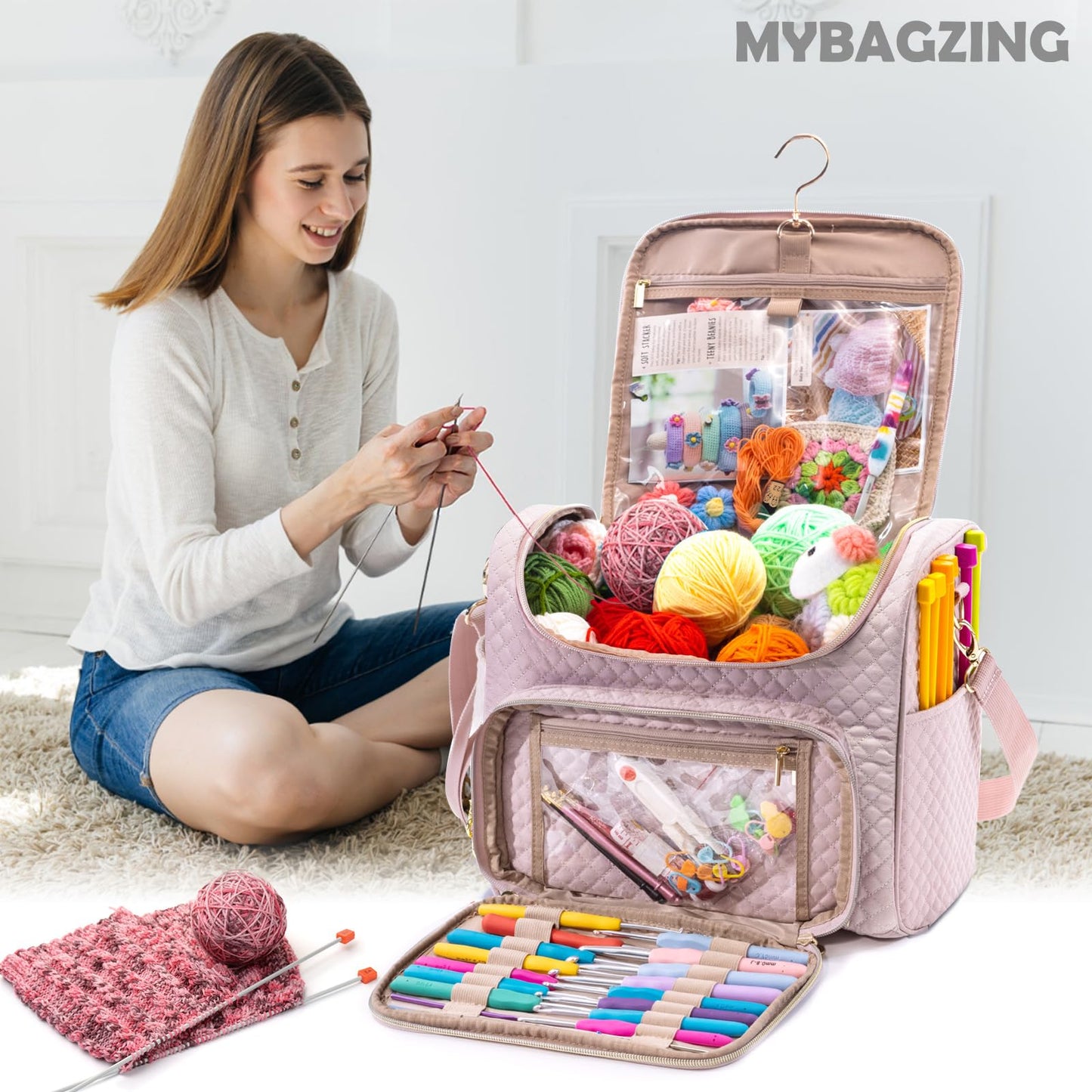 MYBAGZING Crochet Bag Organizer - Quilted Storage Bag with Hanging Hook, Ideal for Knitting & Crochet Accessories