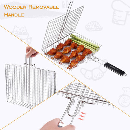 Portable Grill Basket, EISINLY BBQ Grilling Basket for Outdoor Grill with Removable Handle, Stainless Steel Camping Cooking Grill Accessories for Chicken Fish Vegetable