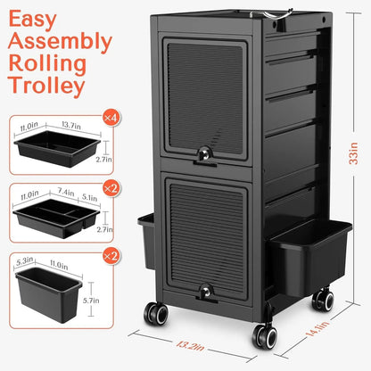Trolley Premium Lockable Salon Trolley Cart with Wheels and 6 Drawers 2 Bucket,Versatile Salon Cart Hair Storage Rack